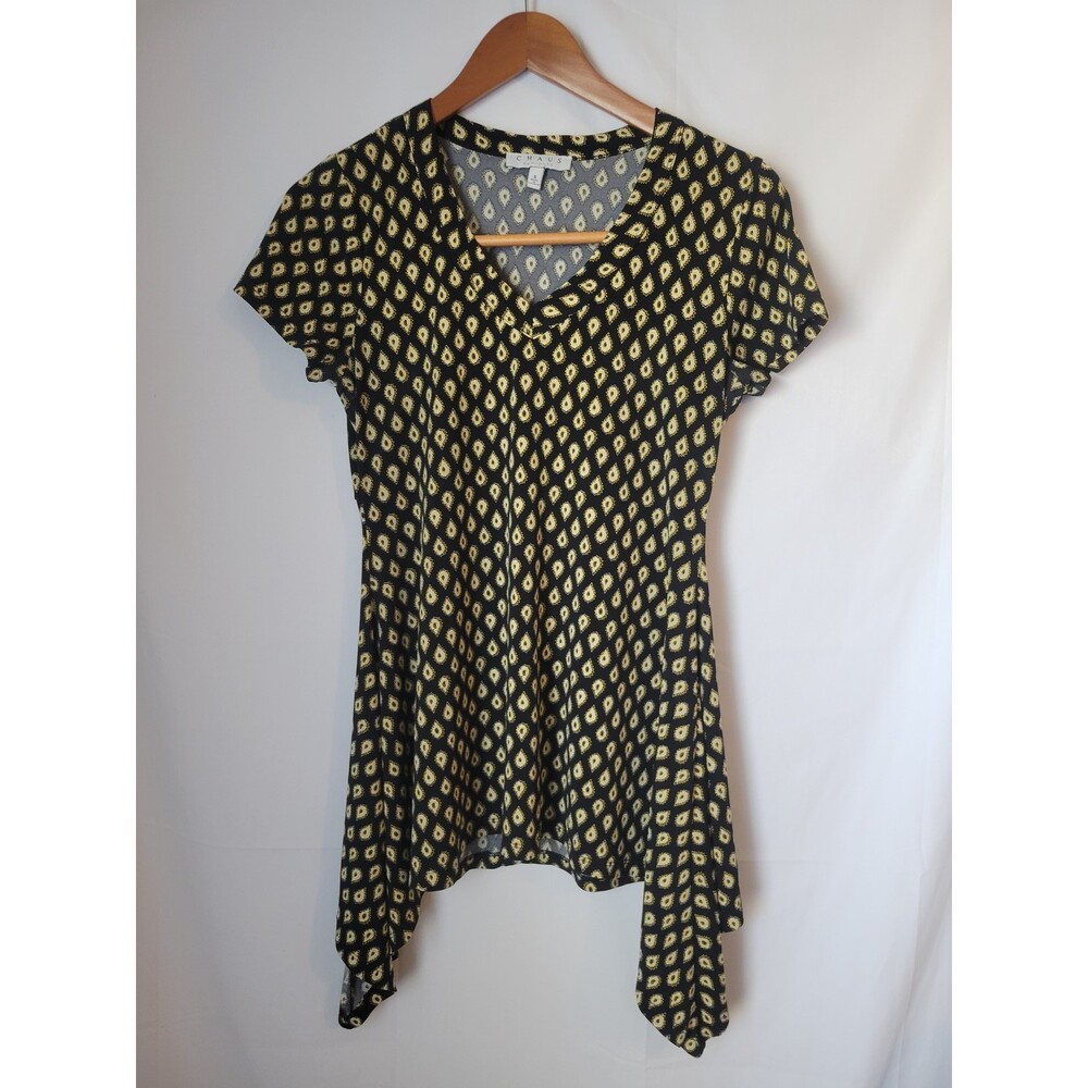 CHAUS NEW‎ YORK Women's Black Yellow Paisley V-Neck Handkerchief Hem Tunic Top S